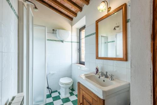a bathroom with a sink and a toilet and a mirror at Appartamento Brunello Murlo in Murlo