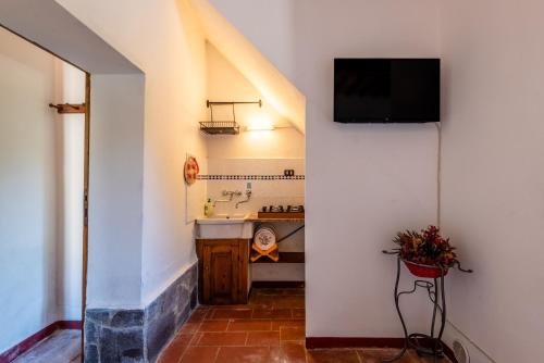 a bathroom with a sink and a tv on a wall at Appartamento Gallo Nero Murlo in Murlo