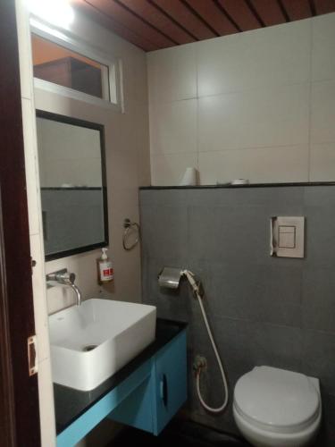 a bathroom with a sink and a toilet at Rajmahal Inn in Mysore