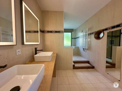 a bathroom with a tub and a sink and a mirror at Gîte des Pruniers in Saint-Germain-le-Rocheux
