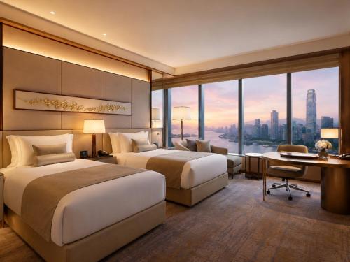 a hotel room with two beds and a desk at Hotel Krone Plaza Near IGI Airport Delhi in Champawat
