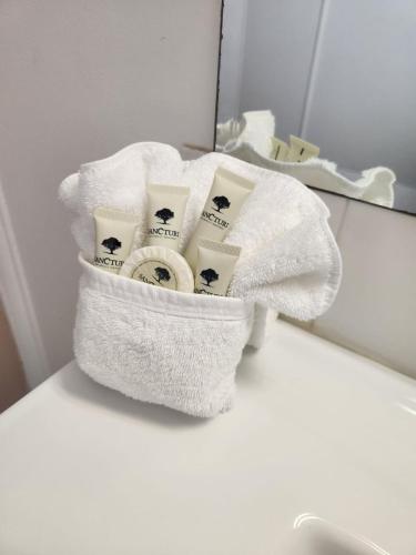 a basket of towels sitting on top of a toilet at Murrurundi Motel - CITY CENTRE in Murrurundi