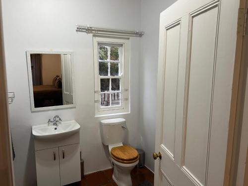 a bathroom with a toilet and a sink and a window at The Old Posthouse in Ladismith