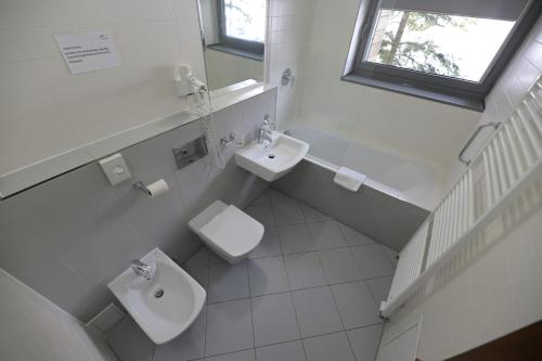 a white bathroom with a toilet and a sink at Mountain Villas Polana in Starý Smokovec