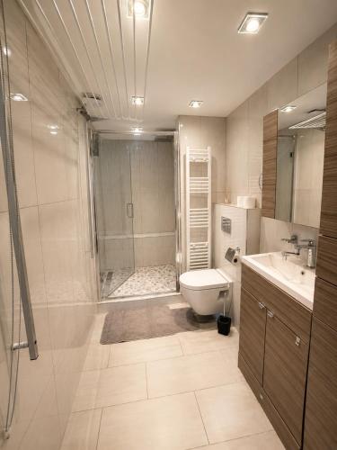 a bathroom with a shower and a toilet and a sink at Spacious 3BR Lancaster Gate Near Hyde Park in London