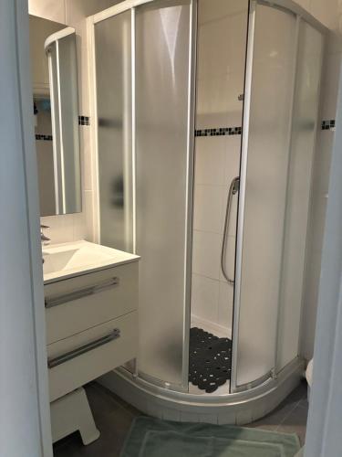 a white bathroom with a shower and a sink at Studio 25m2 à deux pas des thermes in Balaruc-les-Bains
