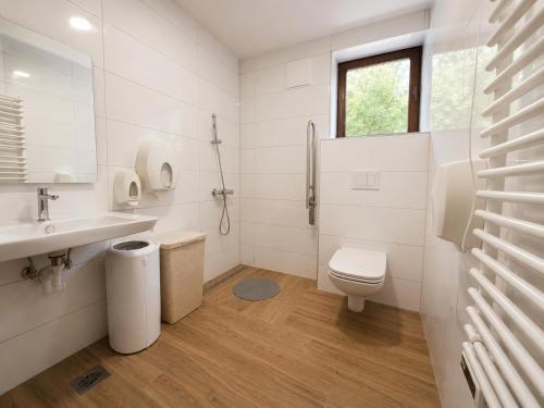 a white bathroom with a toilet and a sink at HOSTEL VANEČA in Puconci