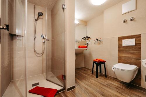 a bathroom with a shower and a toilet and a sink at Gästehaus Walserheimat in Riezlern