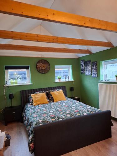 a bedroom with a bed in a room with green walls at Drenthse Klaver in Borger in Borger