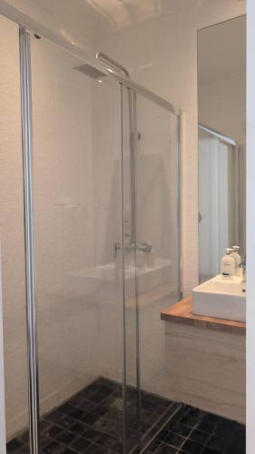 a glass shower in a bathroom with a sink at RCE Albufeira Spring, Summer & Fall in Albufeira