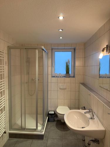 a bathroom with a shower and a sink and a toilet at FeWo im Camp Am Wasser in Juliusruh