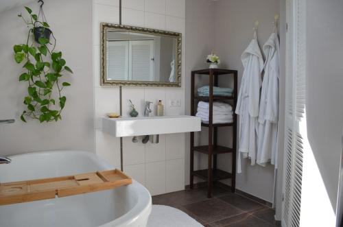 a bathroom with a tub and a sink and a mirror at Cozy Cottage in Schoorl