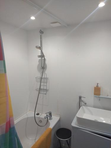 a bathroom with a shower and a sink at Penty vue sur mer in Tréguennec