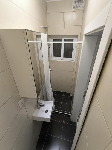 ein kleines Badezimmer mit Waschbecken und Spiegel in der Unterkunft Private & Cozy Entire Apartment in Msida in Msieraħ
