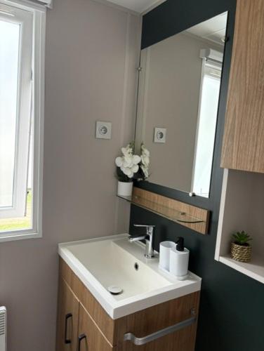 a bathroom with a sink and a mirror at MysavinaHouse mobilhome 4 à 6 pers camping 4 Etoiles in Piriac-sur-Mer