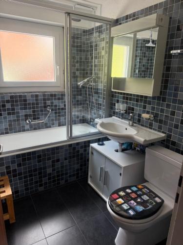 a bathroom with a sink and a toilet and a mirror at Eldorado 47 grosse Wohnung mit Wunderschönen Aussicht in Leukerbad