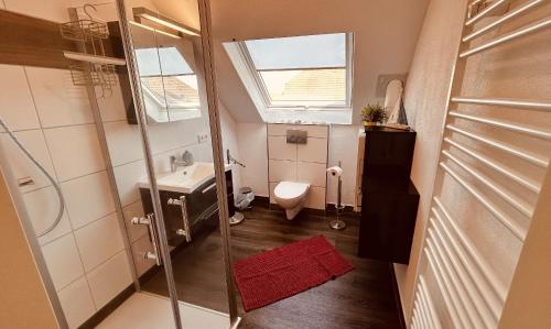 a small bathroom with a toilet and a sink at Friesenhaus Düwels Hus in Greetsiel