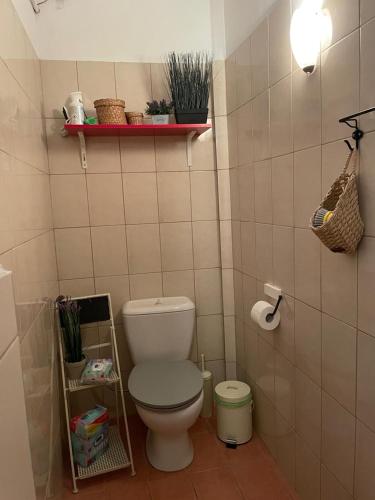 a bathroom with a toilet and a red shelf at Vicente Apartment in Skala Rachoniou
