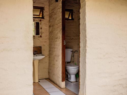 a bathroom with a toilet and a sink at Pinewood Cottages in Renos