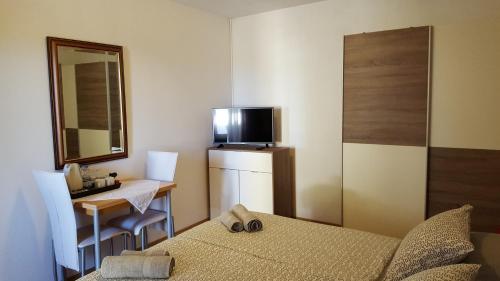 Habitación pequeña con cama, escritorio y TV. en Guest House Jole, en Rovinj