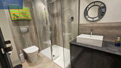 a bathroom with a shower and a toilet and a sink at Karadow in Saint Just in Roseland