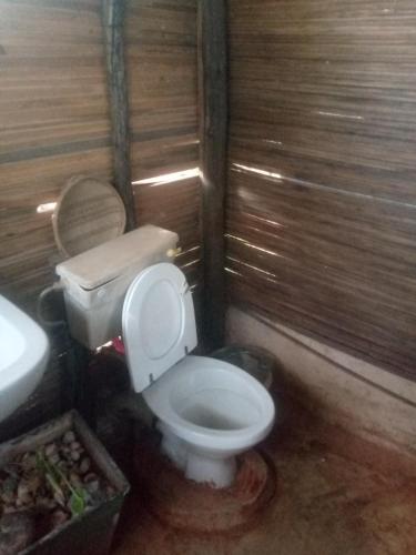 a small bathroom with a toilet and a sink at Weaver's Nest Backpackers Accommodation in Nyanda