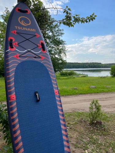 a blue surfboard sitting on the grass next to a lake at Domek Pod Jemiołami - Mały Głęboczek in Mały Głęboczek