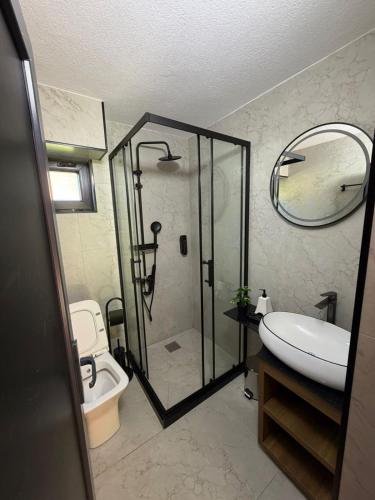 a bathroom with a shower and a toilet and a sink at Riverside - Mountain Stay with Sauna in Vusanje