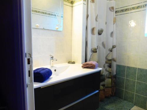 a bathroom with a sink and a shower at Les cerisiers in Hinlé