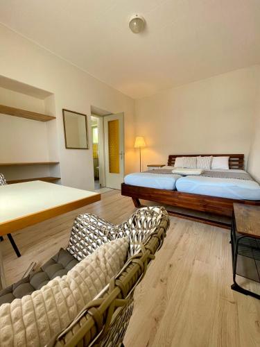 a bedroom with two beds and a couch in a room at Pensione Solaria in Locarno
