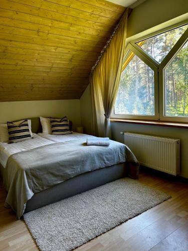 a bedroom with a bed and a large window at Atpūtas vieta Brāļtīrumi in Pūrciems