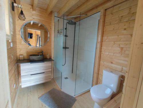 a bathroom with a toilet and a shower at Cabane des Roches à 2 min de Vulcania - Calme et Nature in Saint-Ours
