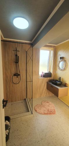 a room with a shower with a rug on the floor at ApartHotel NoahResidence in Alba Iulia