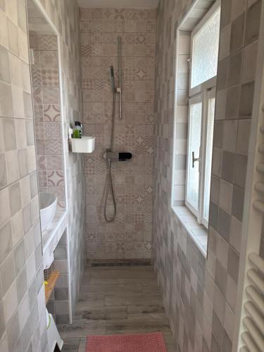 a bathroom with a shower and a sink at Sárga-part Vendégház in Cserépváralja