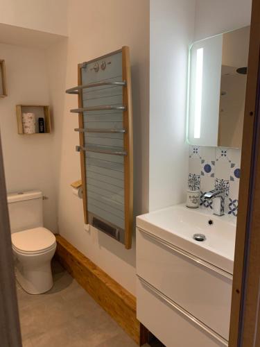 a bathroom with a sink and a toilet and a mirror at Le clocher d Ardres in Ardres