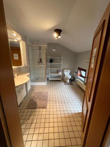 a bathroom with a shower and a toilet and a sink at Helles 3 Bett Zimmer in Jerrishoe