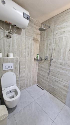 a bathroom with a toilet and a shower at Guest House in Theth Agostini in Theth