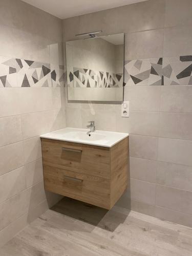 a bathroom with a sink and a mirror at Les rives du Lay gîte Charette in Le Boupère