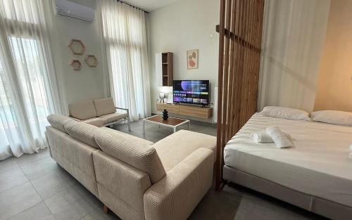 a bedroom with a bed and a couch and a tv at Athos Villas in Ouranoupoli
