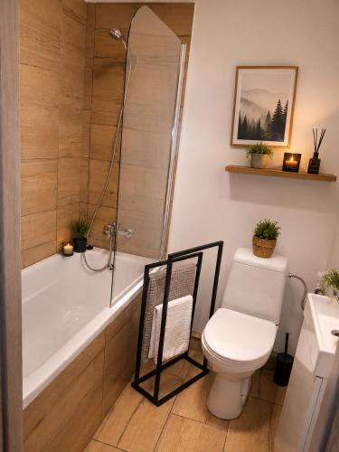 a bathroom with a toilet and a tub and a sink at Studio Słowackiego in Września