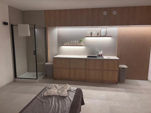 a bathroom with a sink and a shower at Sea Resort 1 & Spa in Władysławowo