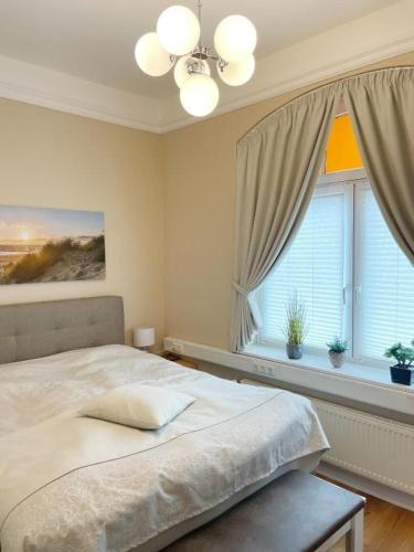 a bedroom with a large bed and a window at Villa Stolle, Ferienwohnung in Schneverdingen