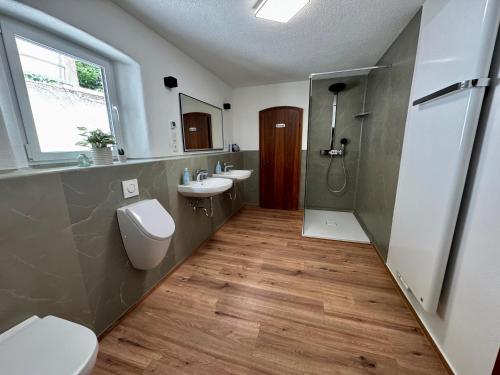a bathroom with a toilet and a sink and a shower at Ferienhaus zum Wasserfall in Bernkastel-Kues