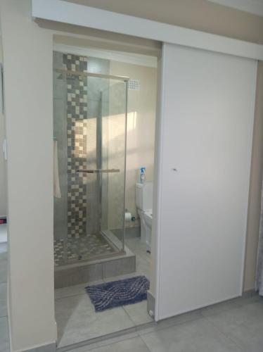 a glass shower in a bathroom with a toilet at Sydney's Guest House in Johannesburg