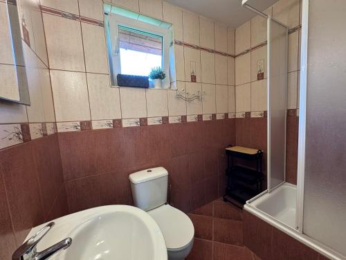 a bathroom with a toilet and a sink and a window at Bokaczówka in Ustka