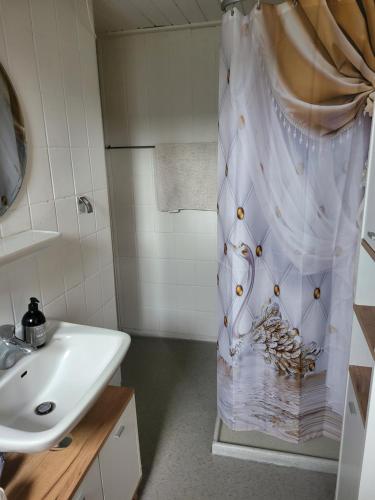 a bathroom with a sink and a shower curtain at Nice Apartment in Aalborg