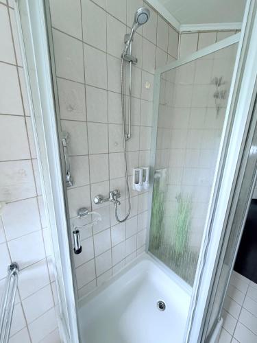a bathroom with a shower and a bathtub with a glass door at Ferienwohnung Lebensbaum in Trimberg in Elfershausen