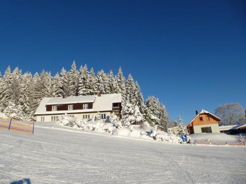 a house covered in snow with trees in the background at Ubytování Lyžařská škola in Kubova Huť