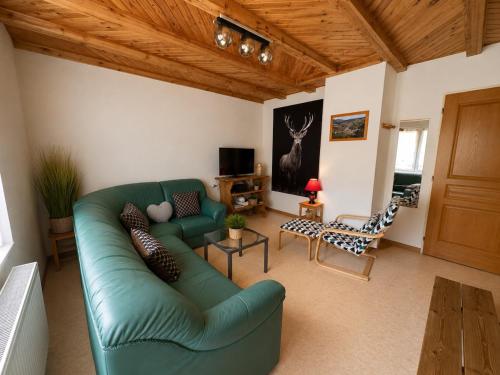 a living room with a green couch and a chair at Gîte Arnica in Soultzeren