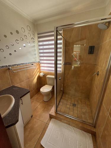 a bathroom with a shower and a toilet at Urban Nest Self Catering in George